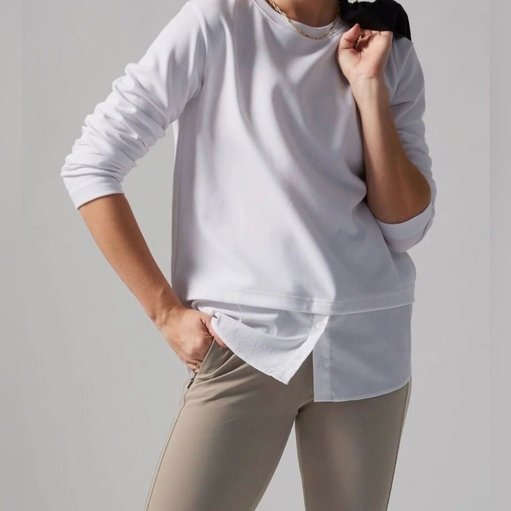 Athleta Gallery 2.0 high low Crewneck Sweater button down Shirt office casual